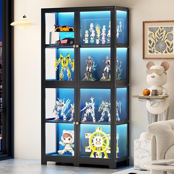 Display Cabinet with Acrylic Glass Doors, 4-Tier Bamboo Curio Display Case for Figures, Display Shelves for Collectibles & Toy Cabinet for Home, Office, Playroom, Living Room