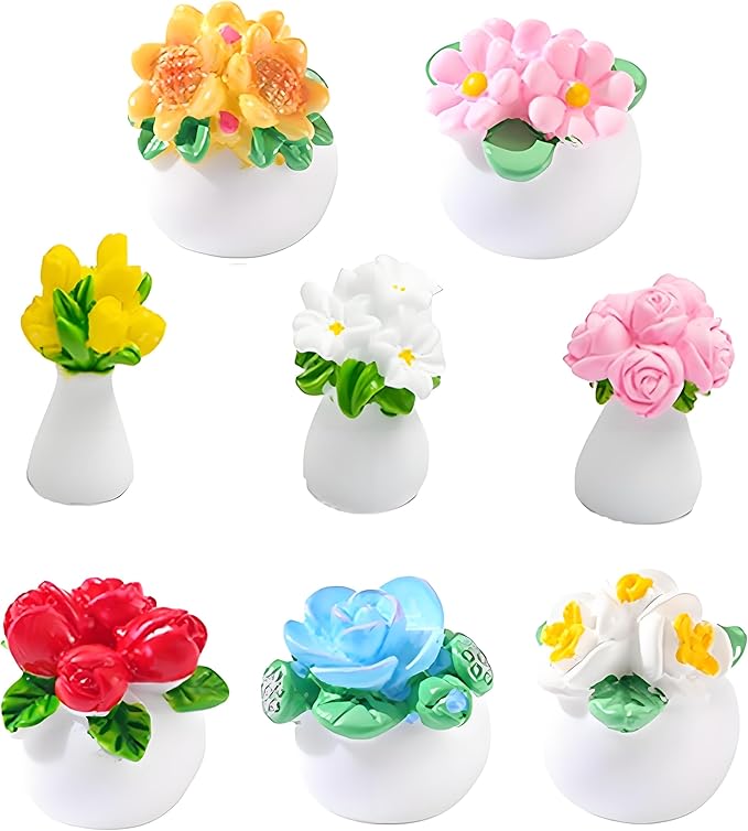 8-Piece Mini Artificial Flowers and Plants – Tiny Dollhouse Greenery Set with Roses, Tulips, Sunflowers & Lilies, Fake Bonsai Ornaments for Crafts, DIY Decorations, Home & Fairy Garden Display