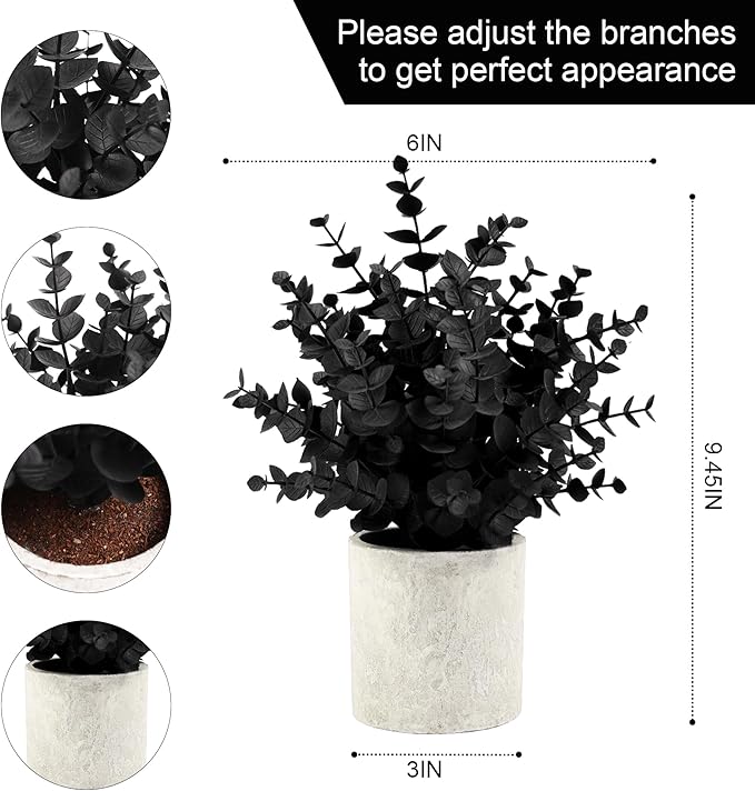 Coferset 2 Pack Black Fake Eucalyptus Small Fake Plants Potted Artificial Plants for Halloween Shelf Desk Home Farmhouse Room Coffee Table Decor Bathroom Decor (Black)