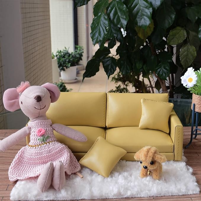 Minamzee 1:12 Dollhouse Leather Couch, Miniature Modern Double Sofa with Pillows, Dollhouse Luxury Couch Furniture Accessories for Living Room Bedroom (Pink)