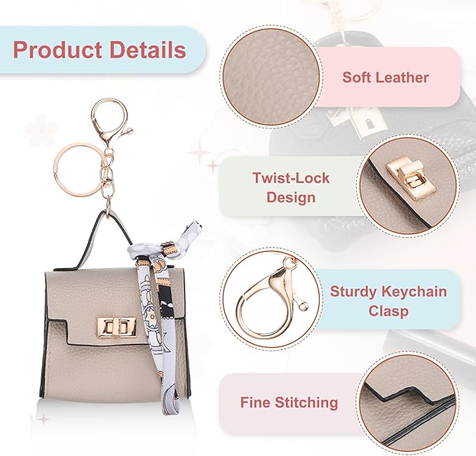 PATIKIL Mini Backpack Keychain, Cute Coin Purse Keychain PU Leather Backpack Purse Key Chain Little Earbud Bag Keychains for Women Mini Card Data Cable Organizer, Beige