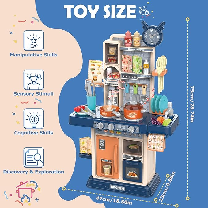 RedCrab Kids Kitchen Playset Toys, Simulate Mini Kitchen with Light and Sound, Food Toys & Kitchen Accessories, Multi-Functional Cooking Assistant, Pretend Toy Set for Toddlers 3-8(Blue)
