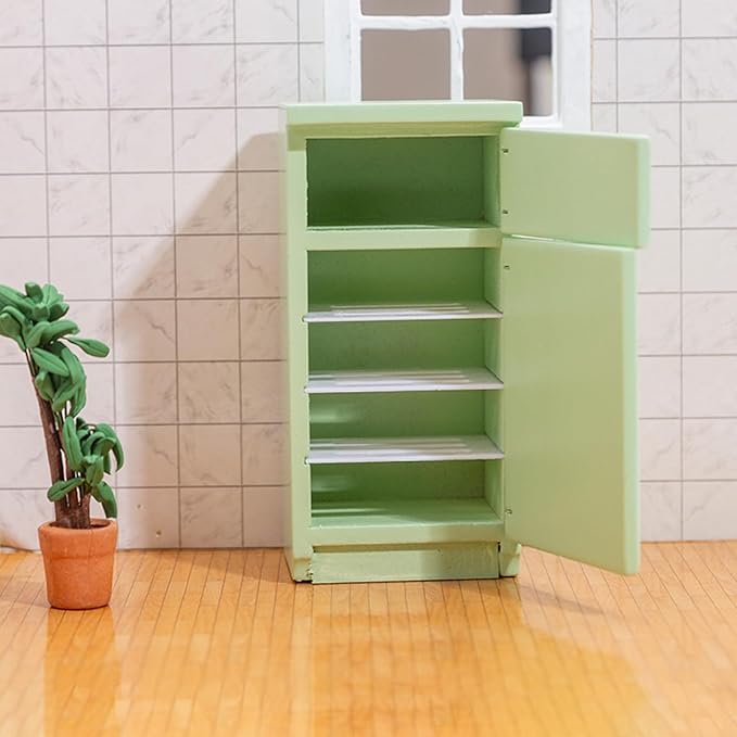 Otbushit Wooden Dollhouse Furniture 1/12 Scale Toy Refrigerator, Green Simple Retro Style Kitchen Miniature Delicate Fridge Model Accessory Pretend Play