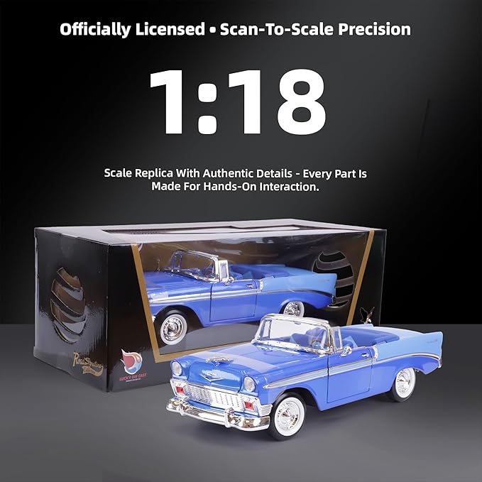 1956 Chevrolet Bel Air 1/18 Scale Die-Cast Metal Model Premium Classic Vintage Alloy Cars with Display Case, with Opening Doors, Best Gift for Men, Dad 14+ Years (Blue)