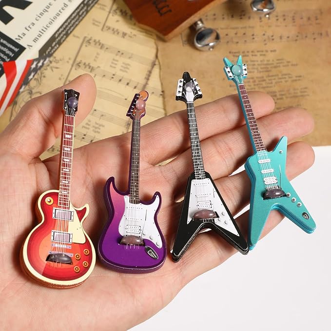 4Pcs Mini Electric Guitar & Bass Guitar Ornament, 1:12 Scale Wooden Miniature Musical Instrument for Mini Music Room, Home Decoration(Purple, Blue, Brown, Black)