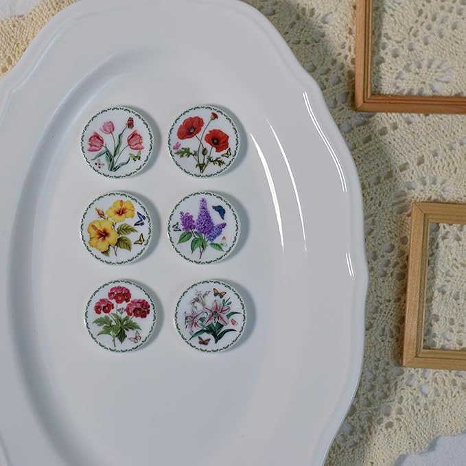 6PCS Handcrafted Miniature Ceramic Plates in 1:12 or 1:6 Scale, Vintage Porcelain Playhouse Dishes (Garden-A, 3CM)
