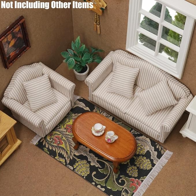 Odoria 1/12 Miniature Brown Coffee Table and Upholstered Chair Sofa Set Mini Armchair Striped Khaki Couch Miniatures Dollhouse Furniture Accessories Doll House Accessory