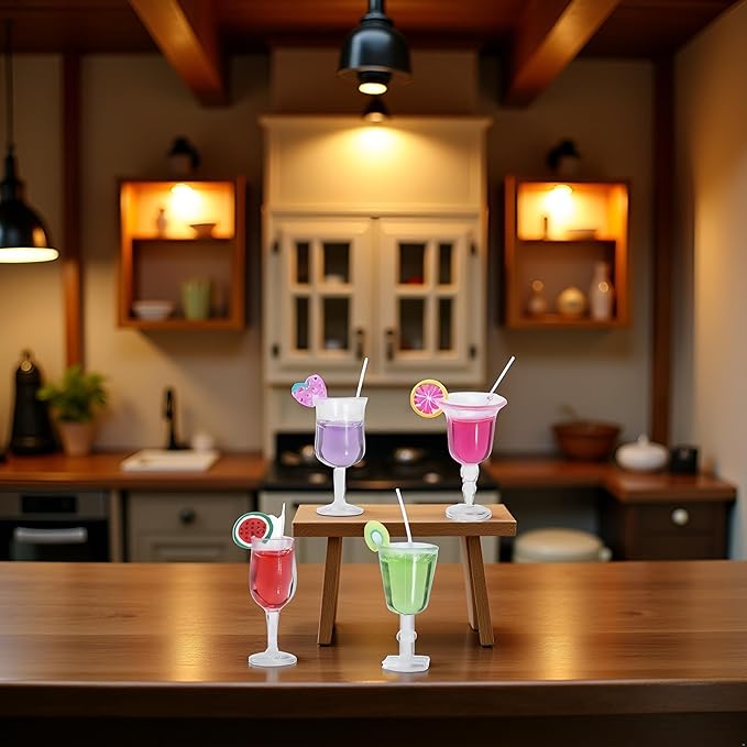 4 Pcs Miniature Dollhouse Juice and Wine Bottle Set – Resin Cocktail Cups, Simulated Drink Models for Dollhouse Kitchen Decor, Mini Props for DIY Craft Display, Decorations (1.37 x 0.39 Inch)