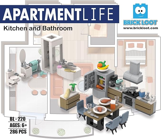 Brick Loot Apartment Building Brick Set – Including 288 Pieces of Furniture for Living Room, Kitchen, Bedroom & Bathroom – 100% Compatible with Lego & Major Brands – Ideal for Adults & Kids Age 6+