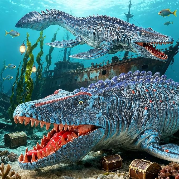 SmilerSmile 13.4" Solid Sea Animals Educational Toys, Simulation Ocean Shark Sea Creature Toy for Toddlers Kids (Ambush Mosasaurus)