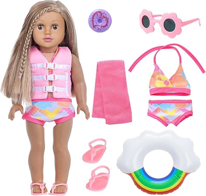 18 Inch Girl Doll Clothes and Accessories Swimming Poor Play Set Fit 18 inch Girl Dolls ,Including Swimwear Shoes Sunglasses Swimming Ring Towel etc.