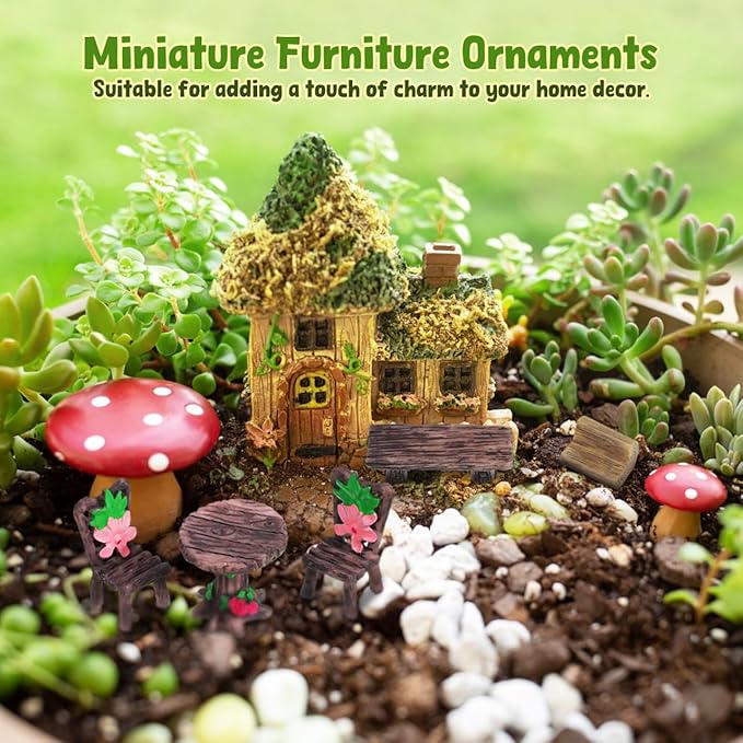 FAVOMOTO 10PCS Miniature Table and Chairs Set, Garden Furniture Ornaments Micro Landscape Decoration Fairy Garden Accessories for Dollhouses Home Decor