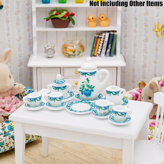 Odoria 1/12 Miniature Porcelain Tea Set 15Pcs Dollhouse Decoration Accessories, Green