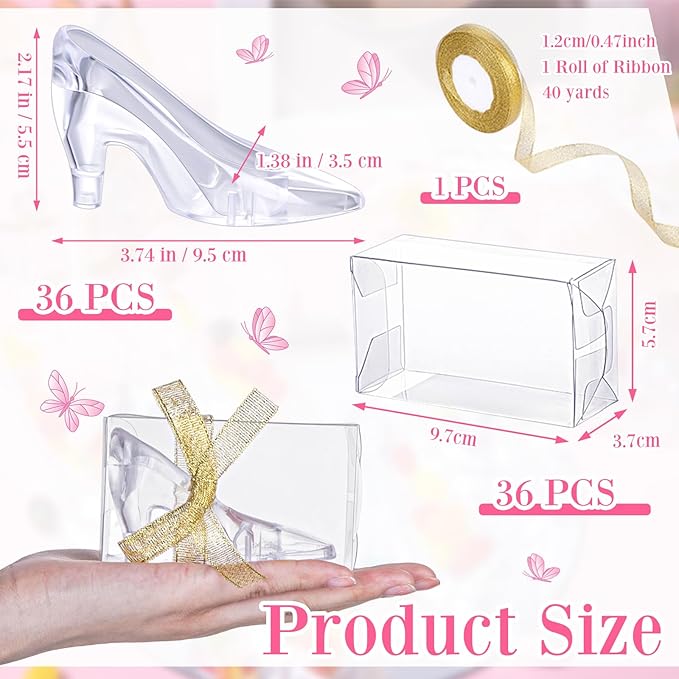 Barydat 36 Pcs Mini Crystal Princess Slippers Plastic High Heels Decoration, 36 Pcs Transparent Gift Boxes with Gold Ribbon, Party Wedding Birthday Candy Gift Supplies Table Decoration