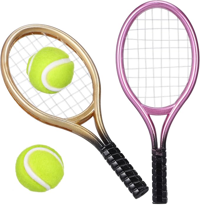 Kisangel 2 Sets Mini Tennis Rackets and Balls, 1:12 Dollhouse Tennis Toy Miniature Tennis Kit Mini Tennis Cake Decorations Topper for Sports Equipment