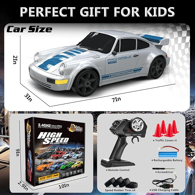 RC Drift Car 1:24 Remote Control Car 4WD 15KM/H High Speed Racing Sport Car with LED Lights RC Cars Toy for Kids Boys Girls Adults Gifts Birthday Christmas Rechargeable Batteries
