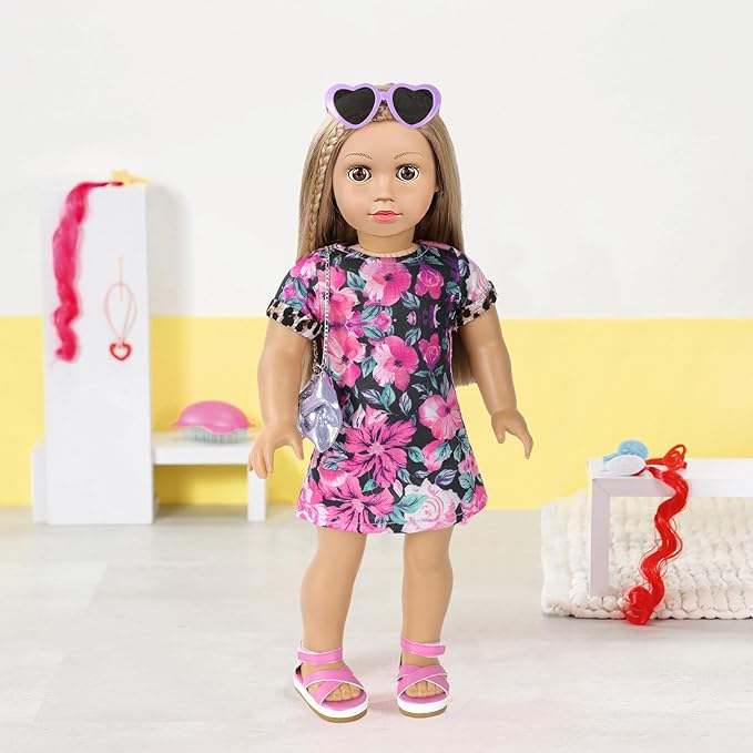VAWMJOT American 18 Inch Doll Makeup Accessories and Clothes,Messenger Bag Set for 18 Inch Dolls Include Sunglasses Phone Lipstick Eyelash Brush Eye Shadow Blusher Butterfly Hair Clip and Shoes