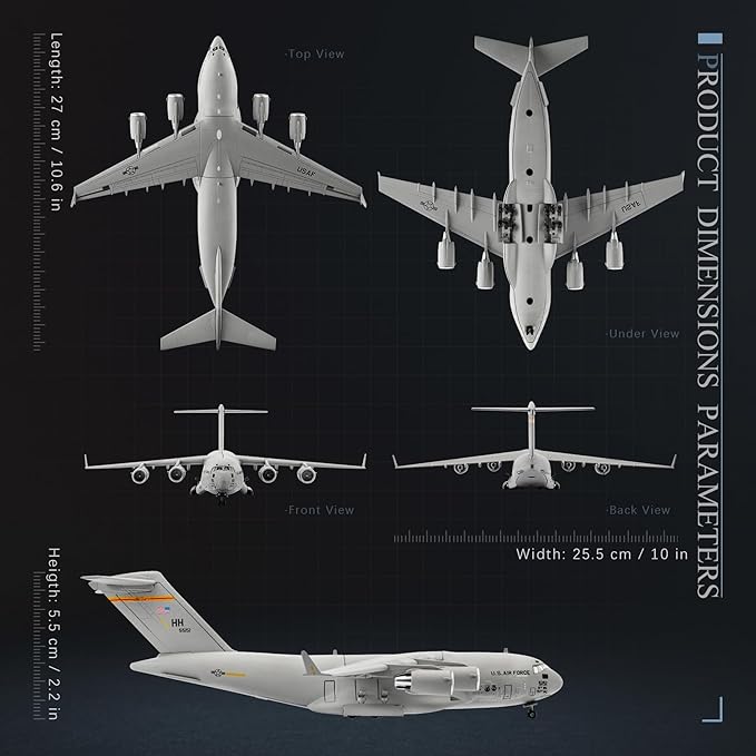 HANGHANG 1/200 Scale US Air Force C-17 Global Overlord Strategic Transport Aircraft Alloy Aircraft Attack Plane Metal Fighter Military Model Fairchild Republic Diecast Plane Model for Collection