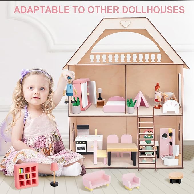 Wooden Dollhouse Furniture Set with 4 Family Dolls, 36 Pcs Sanlebi Doll House Accessories and Furniture, Miniature Furniture Including 5 Room Kits, Pretend Play Toy Gift for Boys Girls Toddler 3+