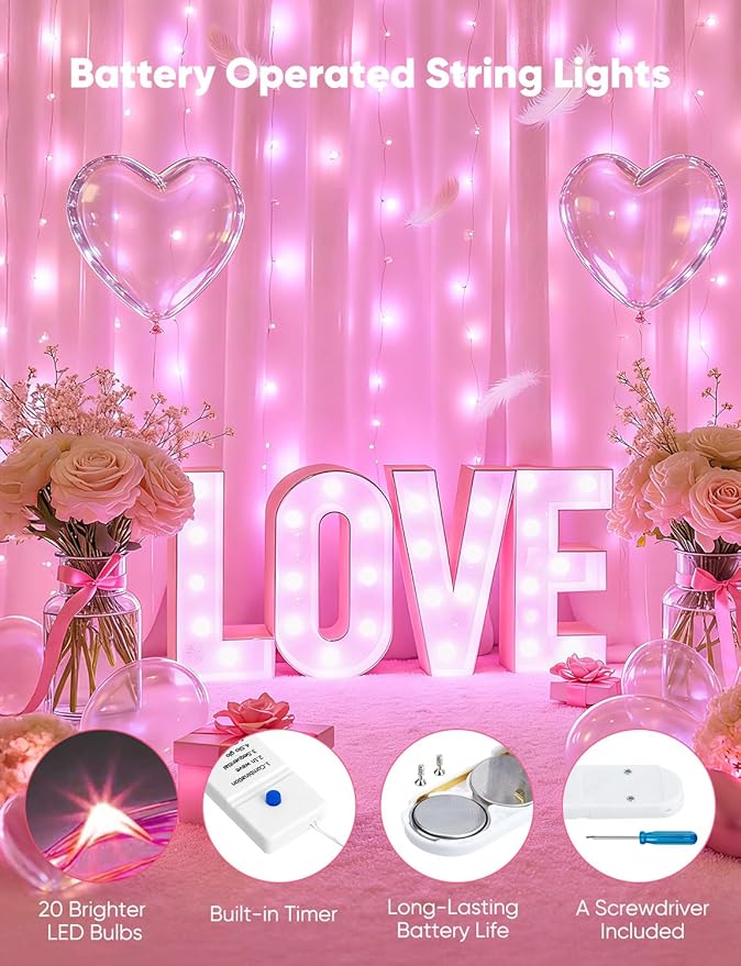 Minetom 12 Pack Pink Christmas Lights, 7ft 20 LED Fairy Lights Battery Operated, Valentines Day Decorations, 8 Modes Timer Waterproof Silver Wire Twinkle Lights, Valentine's Day Lights