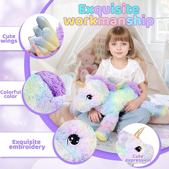 24 Inch Rainbow Colors Rose Velvet Unicorn Stuffed Animal Plush Toy with Wings Soft Cute Large Unicorn Plush Animals Pillow Gift for Children Boy Girl Kids Birthday Valentine Decorations