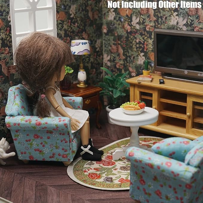 Odoria Dollhouse Armchair Miniature Sofa: 1/12 Scale Accent Club Chair with Pillow Country Rustic for Living Room Office Reading - Mini Lounge Seat Upholstered Wood Furniture Floral Blue