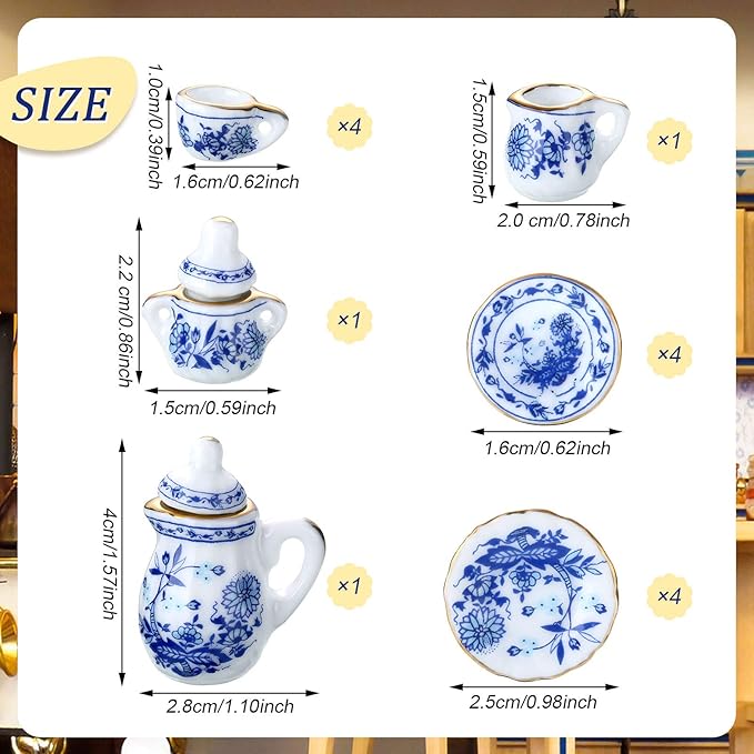 Skylety 37 Pieces 1:12 Scale Miniatures Dollhouse Kitchen Accessories Include 16 Doll Plates Knife Fork Spoon, 6 Egg Beater Utensil, 15 Tea Cup Set for Doll Toy Supplies(Blue Porcelain)