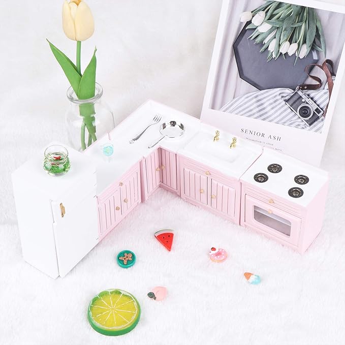 Haomian Dollhouse Kitchen Furniture Kit 1:12 Dollhouse Miniature Wooden Kitchen Cabinet Fridge Set Dining Room Furniture for 1:12 Doll House Miniatures Scenes Accessories