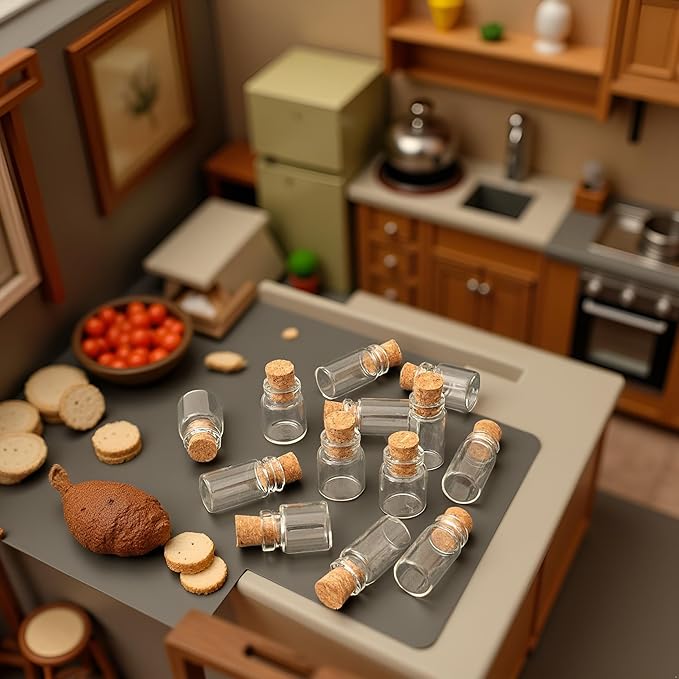 10Pcs Dollhouse Glass Jars Miniature: 1/12 Scale Glass Bottles Food Container for Kitchen Restaurant - Mini Canister Empty with Cork，Dollhouse Accessories，Dollhouses Décor