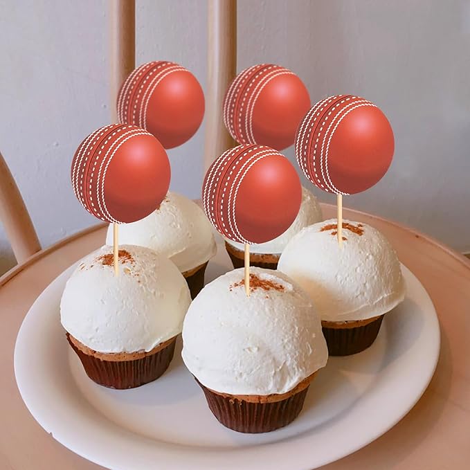 Ercadio 24 Pack Double Sided Cricket Cupcake Toppers Sports Ball Cricket Cupcake Picks Cricket Theme Birthday Cake Decorations for Baby Shower Kids Birthday Party Cake Decorations Supplies, Red-1