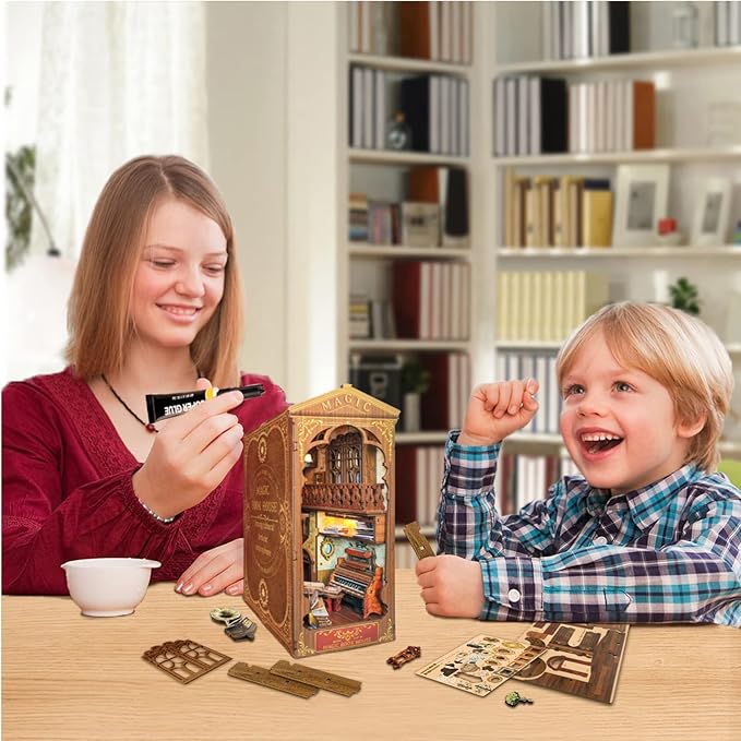 DIY Book Nook Kit 3D Puzzle Wooden Bookends Dollhouse Decorative Bookend Toy for Teenagers Stand Kit Model Kits for Adults to Build 3D Creativity Kit with LED Light