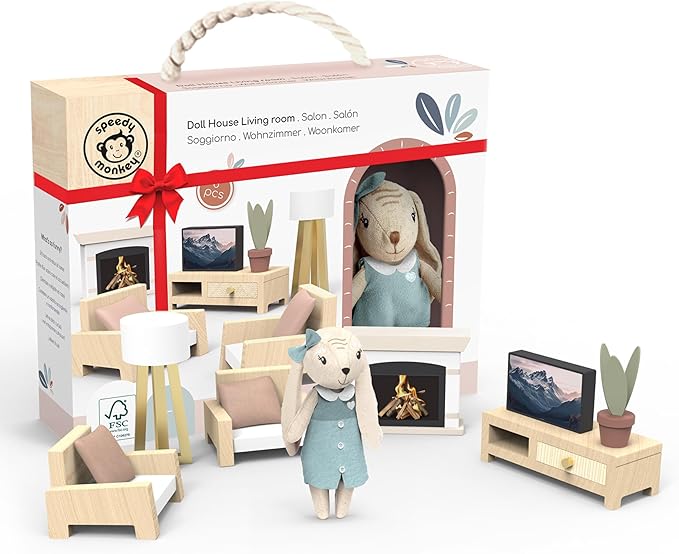 SPEEDY MONKEY Cozy Dollhouse Living Room Playset with Bunny – Miniature FSC Wooden Furniture Sofa, TV – Pretend Play Fully Furnished Farmhouse Accessories for Kid, Toddler, Girl – Doll House Decor Toy