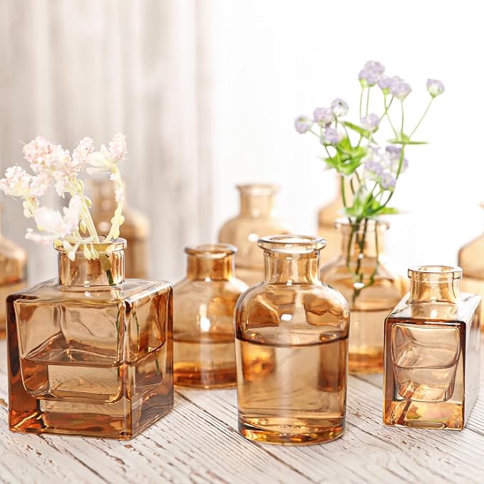 Small Mini Flower Vases - Set of 20 Amber Glass Bud Vases - Vintage Rustic Centerpieces for Weddings, Events & Home Décor - Premium Quality, Timeless Designs