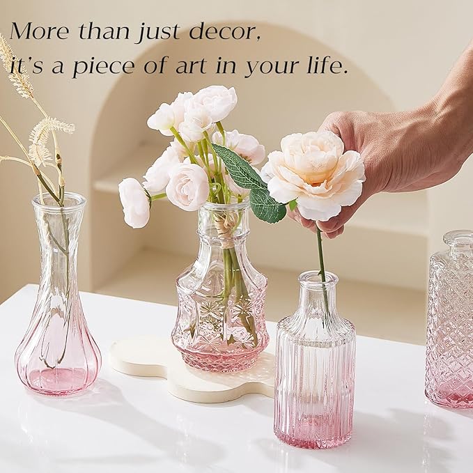 Glass Bud Vase Set of 30 - Small Vases for Flowers in Bulk - Assorted Vintage Crystal Vases for Flowers, Table Centerpieces (Pink, 30 Pcs)