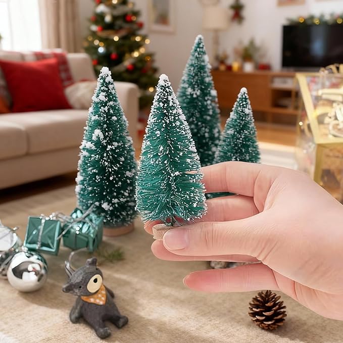 Yahpetes Christmas Trees 35 Pcs Artificial Sisal Trees Bottle Brush Trees Blue-Green Sisal Trees with Wood Base, Tabletop Xmas Trees for Christmas Decoration and Display, 4 Sizes(Blue-Green 35Pcs)