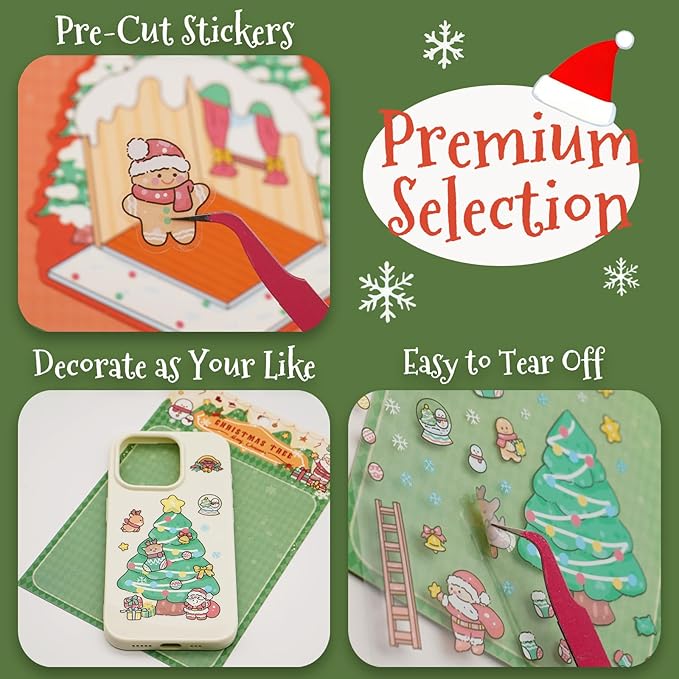 Christmas Scene Sticker DIY Set Include 4 Sticker Kits with Background Card & Tweezer: Winter Xmas Cottage 3D Miniature Room Therapy Gift Creative Play Present for Kids, Adults Stress Relief Pass Time