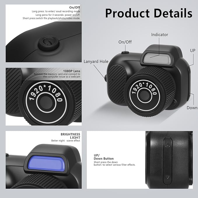 Mini Keychain Camera, FHD 1080p 8MP Mini Digital Camera with 32GB SD Card, 0.96" HD Display, 100 Mins Battery Life for Travel Recording Birthday Gifts (Retro, Black)