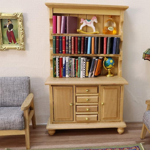 1:12 Scale Miniature Cupboard Bookshelf Classic Wooden Mini Storage Hutch Kitchen Dollhouse Bookshelf Wood Cabinet 1:12 Furniture Display Showcase Decoration Sideboard Accessories (Wood Color)