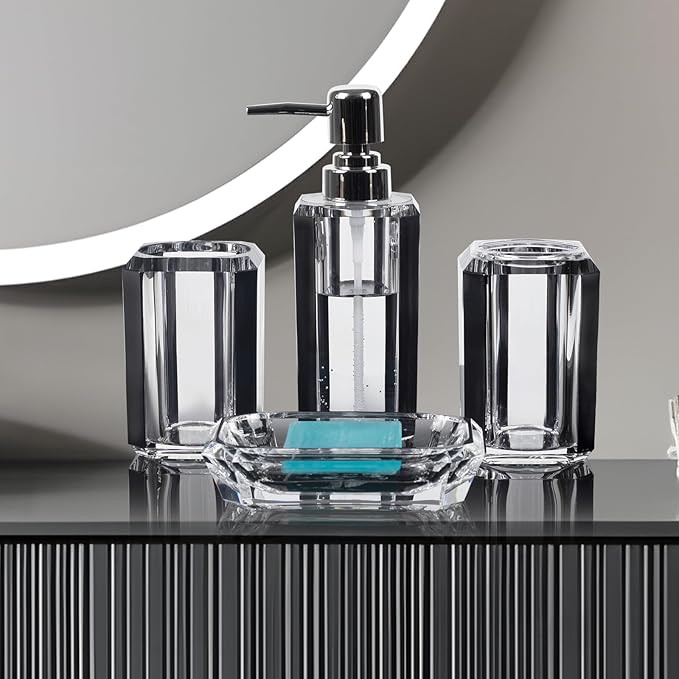 4 Piece Premium Acrylic Bathroom Accessory Set, Hand Sanitizer Bottle, Lotion Can Bathroom Suit, Separate Bottle Soap Box, Mouthwash Cup, Toothbrush Cup(Brushed Black)