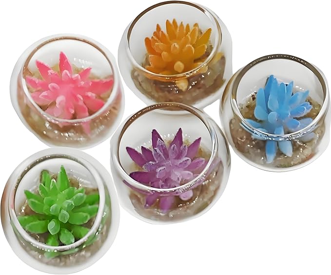 4 Pcs Assorted Color Glass Miniature Succulent Pots – Tiny Artificial Flower Potted Plants for Dollhouse Decoration, DIY Craft, Micro Garden Display, Miniature Home Accessories & Tabletop Ornaments
