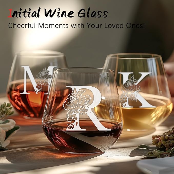 Personalized Gifts for Women, Monogrammed A-Z Wine Glass Customized Gift, Unique Wedding Birthday Gifts for Women Her Mom Friend Sister Wife Daughter Nurse - Dishwasher Safe (R)