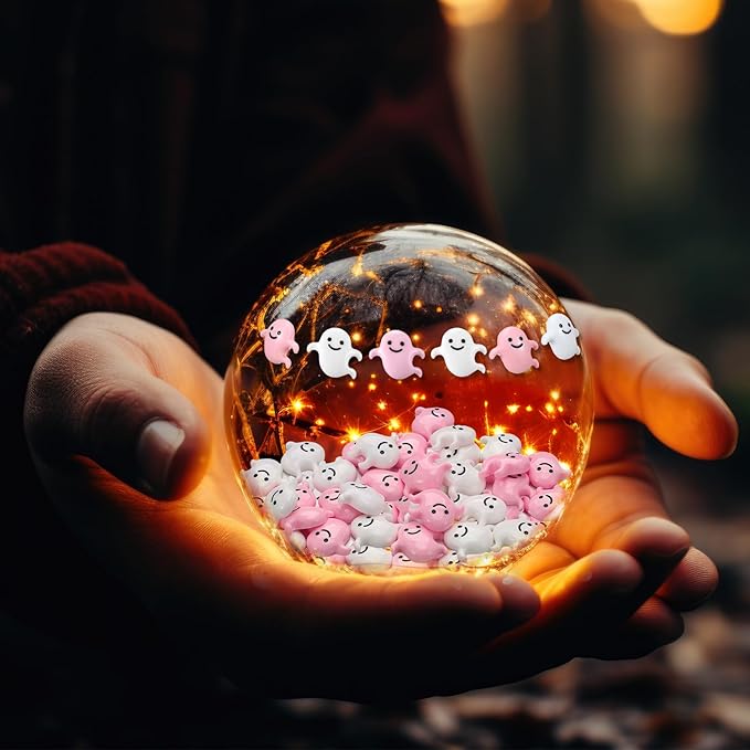 Giegxin 60 Pcs Halloween Miniatures Ghost Charms Flatback Mini Ghost Decoration Small Artificial Halloween DIY Craft for Party Dollhouse Hair Clips Vase Fillers Accessories(Pink,1.1 Inch)