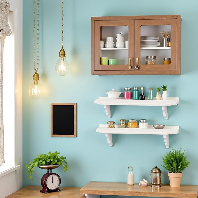 2 Pcs White Dollhouse Wall Shelf,1:12 Scale Miniature Dollhouse Accessories,Doll House Storage Wall Shelf for Kitchen Scene Décor Accessories,DIY Wooden Dollhouse Furniture Set