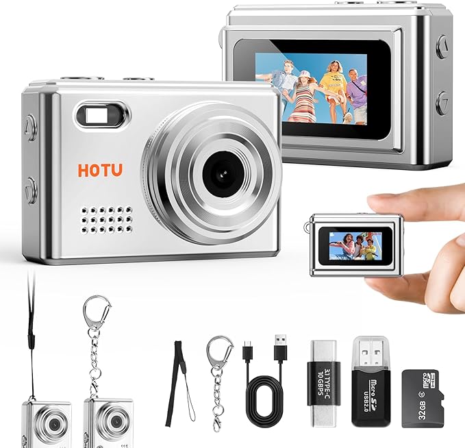 HOTU Mini Keychain Camera, Y2K Portable Mini Digital Camera, 2MP 1080P Video Recording Small Camera with 32GB Card for Kids, Long Battery Life for Travel, Vlog, Silver