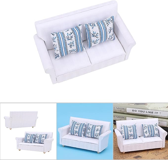 Dollhouse Furniture on 1/12 Scale of Miniature Sofa - Wooden Miniature Sofa Set with Cushions for Dollhouse Living Room and Bedroom Decoration Accessories(Two-seat Sofa with Cushions)