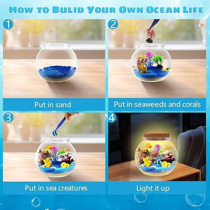 Ocean Light Up Terrarium Kit for Kids - LED Night Light Ocean Birthday Gifts for Girls & Boys Ages 4 5 6 7 8-12, Kids Arts & Crafts Kit,Christmas Gifts
