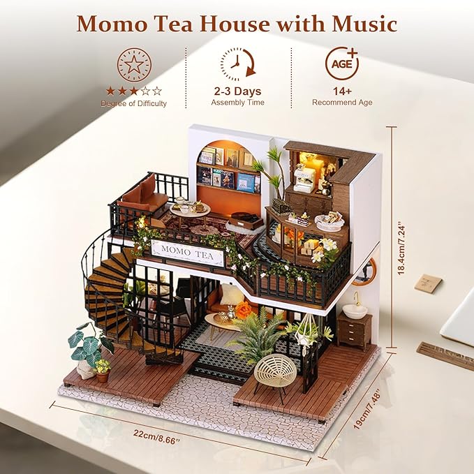 DIY Miniature House Kit, Mini Forest Momo Teashop Building Set, 3D Wooden Dollhouse with Dustproof Cover, Creative Handmade Home Decoration, Gift for Adult Teen Birthday Christmas