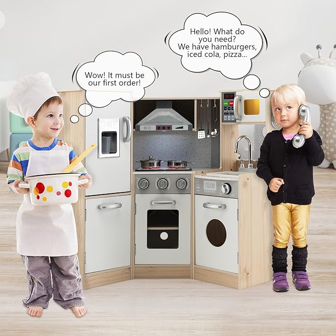 Costzon Kids Kitchen Playset, 9-in-1 Wooden Pretend Play Kitchen w/Realistic Light & Sound, Ice Maker, Washing Machine, Microwave & Stove, Toddler Kitchen Toy Set for Boys & Girls