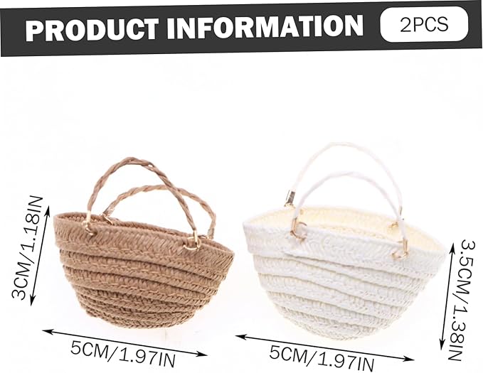 Xweptuy 2Pcs Miniature Handbag, Simulation Mini Straw Bag, Natrual Woven Dollhouse Miniature Tote Bag