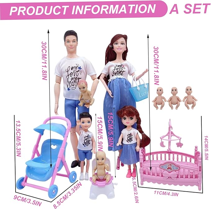 Family Doll Set, Safe Pregnant Doll Set with Dad & 3 Kids, 5 People with Dollhouse Accessories Pretend Play Toy for Kids|Dolls